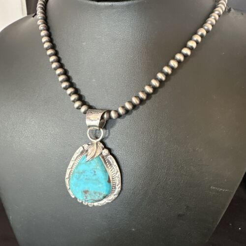 Men's Blue Kingman Turquoise Pendant Necklace | Navajo Pearls | Sterling Silver | 16021