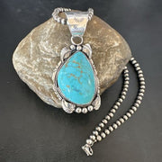 Navajo Men's Blue Kingman Turquoise Pendant Necklace | Sterling Silver | Authentic Native American Handmade | 17477