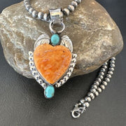 Navajo Spiny Oyster Heart | Turquoise Pendant Necklace | Sterling Silver | Authentic Native American Handmade | 16457