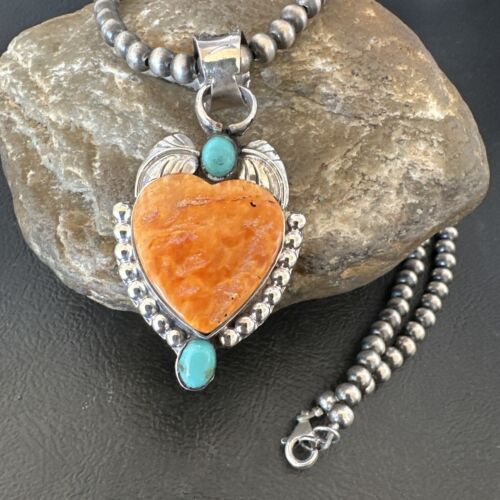 Navajo Spiny Oyster Heart | Turquoise Pendant Necklace | Sterling Silver | Authentic Native American Handmade | 16457