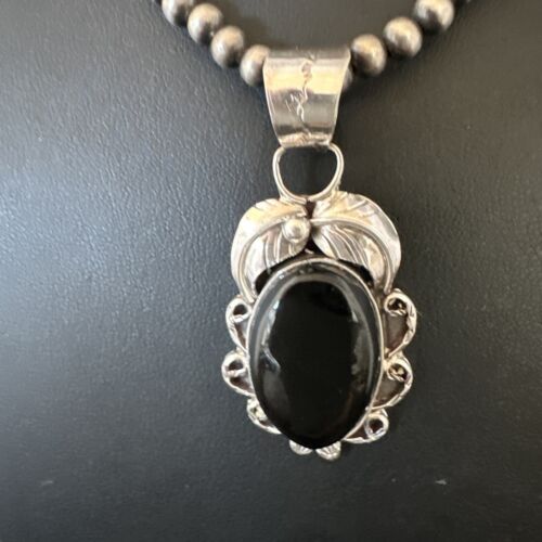 Navajo Pearls Black Onyx Necklace Pendant | Sterling Silver | Authentic Native American Handmade | 16524