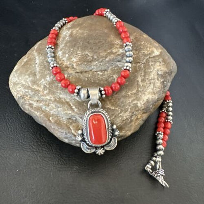 Southwestern Navajo Red Coral Pendant Necklace | Sterling Silver Pearls | 21" | 17538