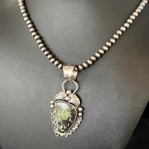 Navajo Green Spiderweb Turquoise Pendant Necklace | Sterling Silver | Native American Handmade | 15100