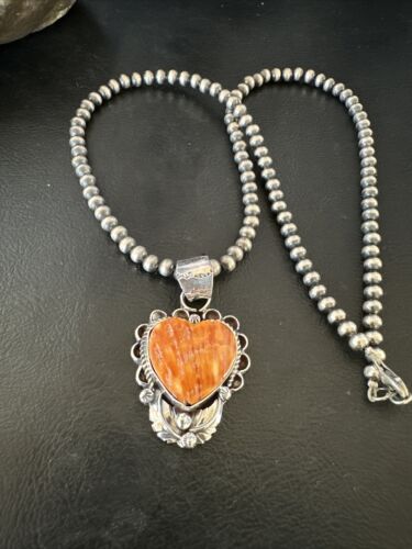 Navajo Orange Spiny Oyster Heart Pendant Necklace | Sterling Silver | Authentic Native American Handmade | 16419