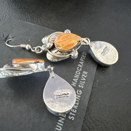 Navajo Orange Spiny Oyster Dangle Earrings | Sterling Silver | 1.5" | Authentic Native American Handmade | 16569