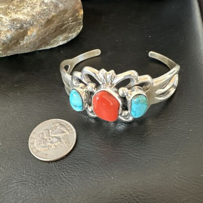 Kingman Turquoise Coral Cuff Bracelet | Navajo Tufa Cast | Sterling Silver | Authentic Native American Handmade | 16406