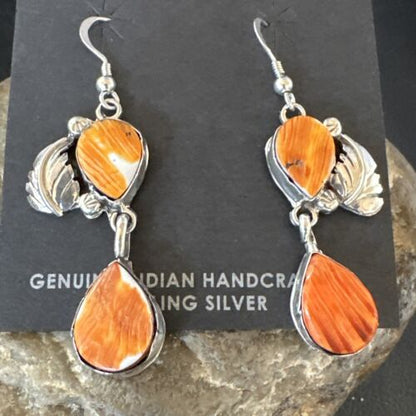 Navajo Orange Spiny Oyster Dangle Earrings | Sterling Silver | 1.5" | Authentic Native American Handmade | 16568