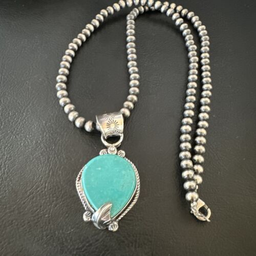 Women's Blue Turquoise Pendant Necklace | Navajo Pearls | Sterling Silver | Authentic Native American Handmade | 15658