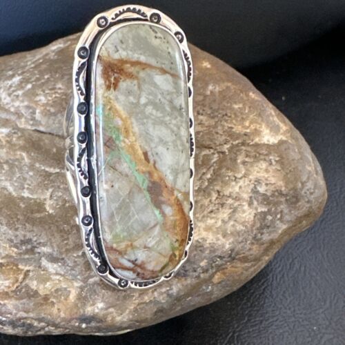 Navajo Ribbon Boulder Green Turquoise Ring | Sterling Silver | Sz 10 | Authentic Native American Handmade | 16255