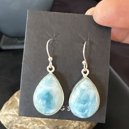 Navajo Blue Larimar Dangle Earrings | Sterling Silver | Authentic Native American Handmade | 17288