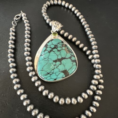 Men's Navajo Blue Spiderweb Turquoise Pendant Necklace | Sterling Silver | Authentic Native American Handmade | 16202