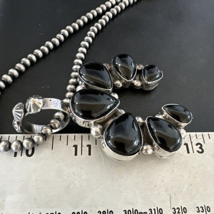 Men's Black Onyx Naja Pendant | Navajo Pearls Sterling Silver Necklace | Authentic Native American Handmade | 17070