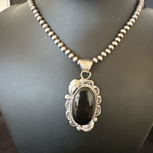 Navajo Pearls Black Onyx Necklace Pendant | Sterling Silver | Authentic Native American Handmade | 16531