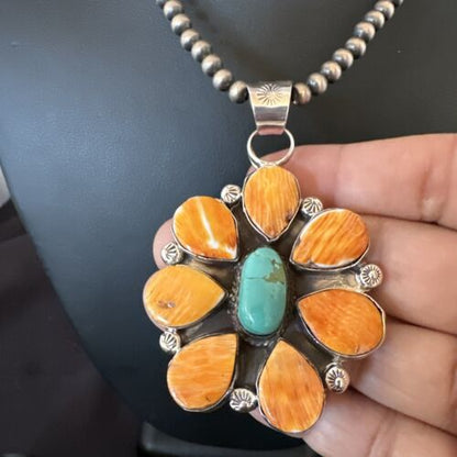 Navajo Blue Turquoise | Spiny Oyster Pendant Necklace | Sterling Silver | Multi-Stone | 16860