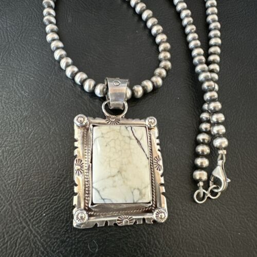 White Buffalo Turquoise Pendant | Navajo Pearls Sterling Silver Necklace | Authentic Native American Handmade | 17102