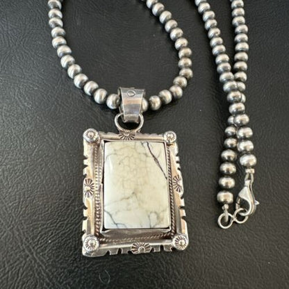 White Buffalo Turquoise Pendant | Navajo Pearls Sterling Silver Necklace | Authentic Native American Handmade | 17102