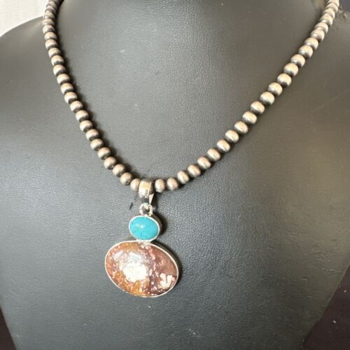 Navajo Wild Horse Blue Kingman Turquoise Necklace | Sterling Silver | 17337