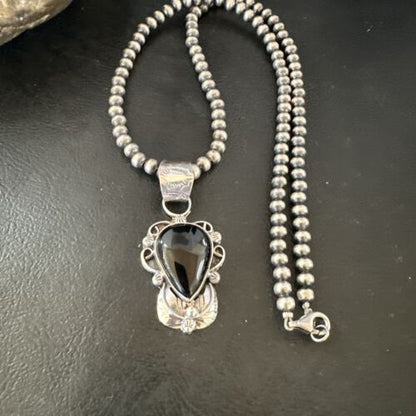 Navajo Pearls Black Onyx Necklace Pendant | Sterling Silver | Authentic Native American Handmade | 16532