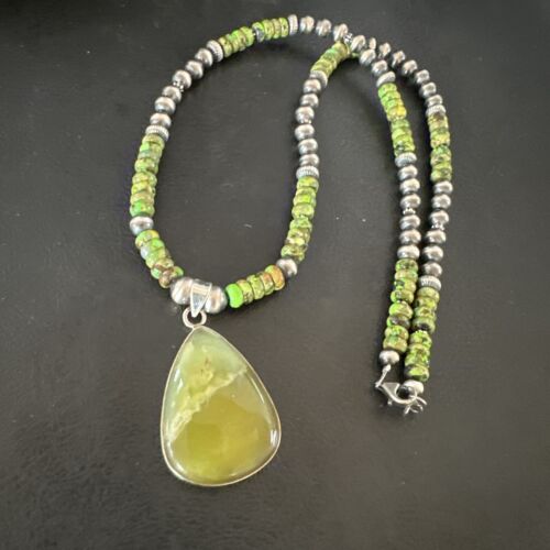 Navajo Green Turquoise Pendant Necklace | Sterling Silver | Authentic Native American Handmade | 16916