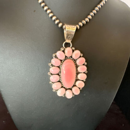 Navajo Pearls Pink Conch Necklace with Multi-Stone Cluster Pendant | Authentic Native American Handmade | 16061