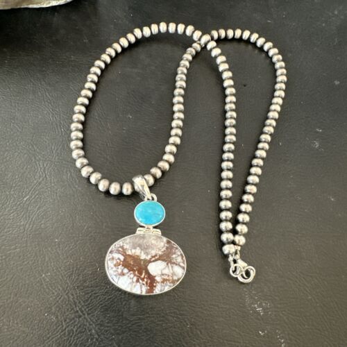 Navajo Wild Horse | Blue Kingman Turquoise Necklace | Sterling Silver | Authentic Native American Handmade | 17338