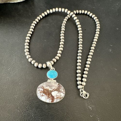 Navajo Wild Horse | Blue Kingman Turquoise Necklace | Sterling Silver | Authentic Native American Handmade | 17338