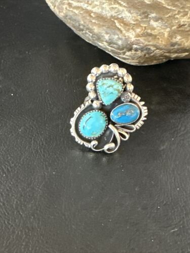 Navajo Blue Turquoise Cluster Ring | Authentic Native American Sterling Silver | Multi-Stone | Sz 8.5 | 14837