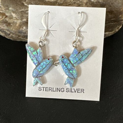 Navajo Blue Opal Hummingbird Earrings | Sterling Silver | 1" | Authentic Native American Handmade | 15088