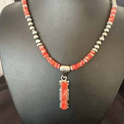 Navajo Red Spiny Oyster Pendant Necklace | Sterling Silver Inlay | Authentic Native American Handmade | 16853