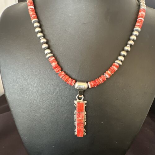 Navajo Red Spiny Oyster Pendant Necklace | Sterling Silver Inlay | Authentic Native American Handmade | 16853