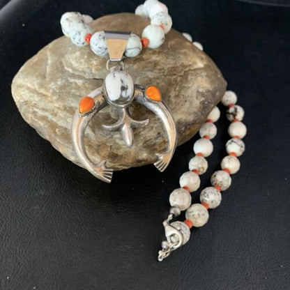 Navajo White Buffalo Turquoise Spiny Oyster Naja Pendant | Sterling Silver | Authentic Native American Handmade | 13648