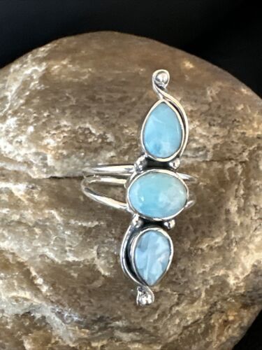 Navajo Blue Larimar Multi-Stone Cluster Ring | Authentic Native American Sterling Silver | Sz 8 | 16163