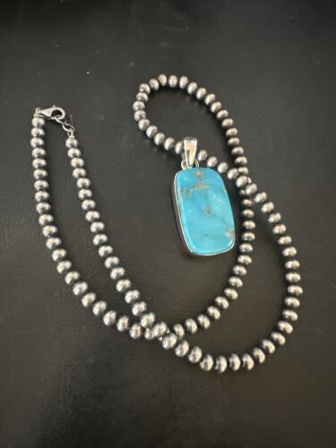 Blue Kingman Turquoise Pendant | Navajo Pearls | Sterling Silver Necklace 20" | 16696