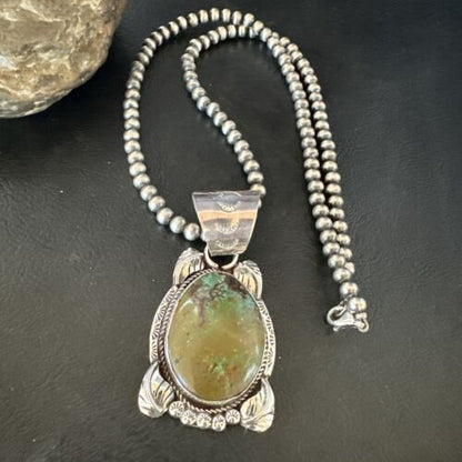 Men's Navajo Green Turquoise Pendant Necklace | Sterling Silver | Authentic Native American Handmade | 17527