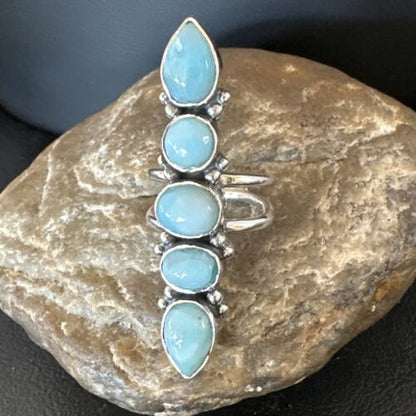 Navajo Blue Larimar Cluster Ring | Authentic Native American Sterling Silver | Multi-Stone | Sz 8.5 | 15935