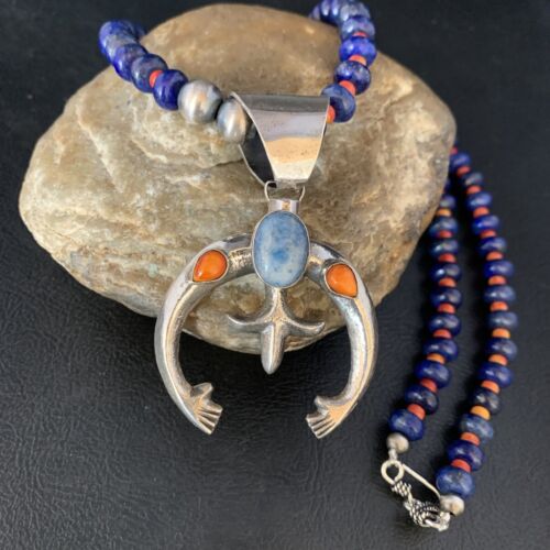 Navajo Blue Lapis Spiny Oyster Naja Pendant Necklace | Sterling Silver | Authentic Native American Handmade | 13708