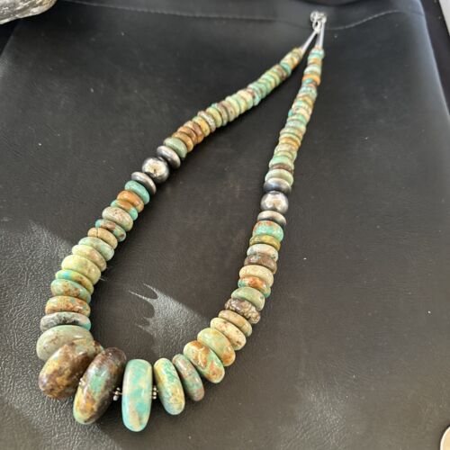 Navajo Green Turquoise Graduated Necklace | Sterling Silver Pearls | Authentic Native American | 21" | 17004