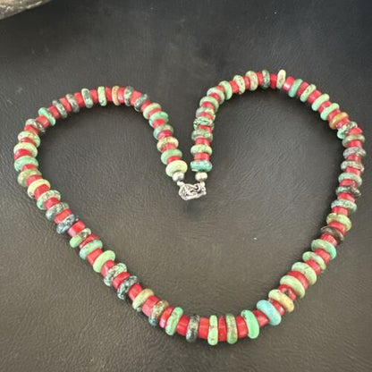 Navajo Green Turquoise and Round Coral Necklace | Sterling Silver | 18" | Authentic Native American Handmade | 17580 - Masha USA