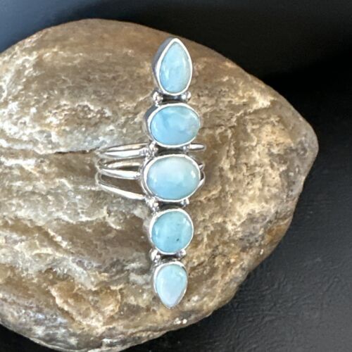 Navajo Blue Larimar Cluster Ring | Authentic Native American Sterling Silver | Multi-Stone | Sz 9.5 | 15938