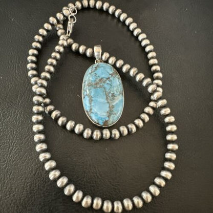 Navajo Blue Spiderweb Turquoise Pendant Necklace | Sterling Silver | Authentic Native American Handmade | 17025