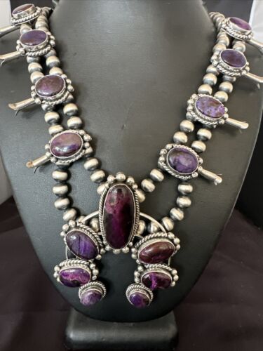 Navajo Purple Sugilite Squash Blossom Naja Pendant | Sterling Silver | Native American Handmade | 17206