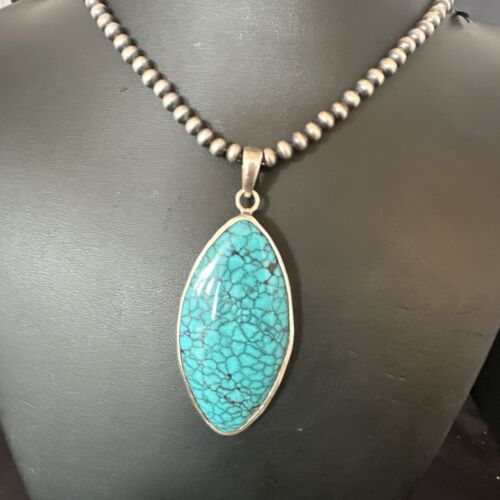 Men's Navajo Blue Spiderweb Turquoise Pendant Necklace | Sterling Silver | Authentic Native American Handmade | 16210