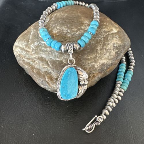 Navajo Blue Turquoise Pendant with Pearls | Sterling Silver Necklace | Authentic Native American Handmade | 15418