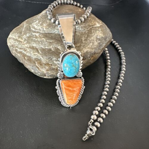 Navajo Blue Kingman Turquoise Spiny Pendant Necklace | Sterling Silver | Multi-Stone | 16825