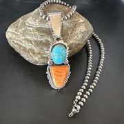 Navajo Blue Kingman Turquoise Spiny Pendant Necklace | Sterling Silver | Multi-Stone | 16825