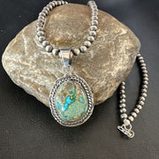 Navajo Blue Boulder Turquoise Necklace Pendant | Sterling Silver | Authentic Native American Handmade | 16801