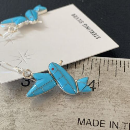 Navajo Blue Turquoise Hummingbird Earrings | Sterling Silver | 1" | Authentic Native American Handmade | 01424