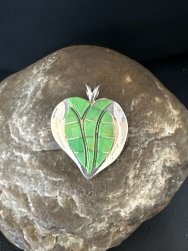 Navajo Green Gaspeite Heart Pendant Necklace | Sterling Silver Inlay | Authentic Native American Handmade | 15192