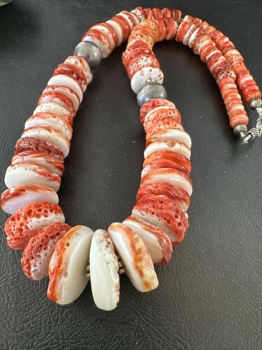 Navajo Red Spiny Oyster Graduated Necklace | Sterling Silver | Authentic Native American | 30" | 17405