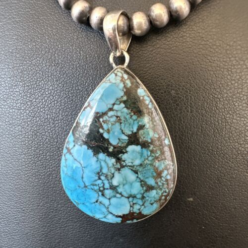 Men's Navajo Blue Spiderweb Turquoise Pendant Necklace | Sterling Silver | Authentic Native American Handmade | 16302